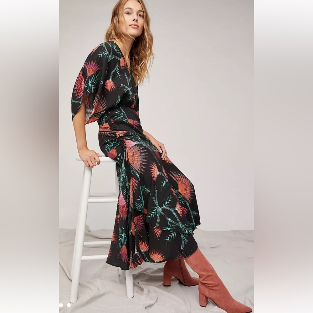 Farm Rio Anthropologie Valentina Black Maxi Orange Tropical Floral Print Sz S